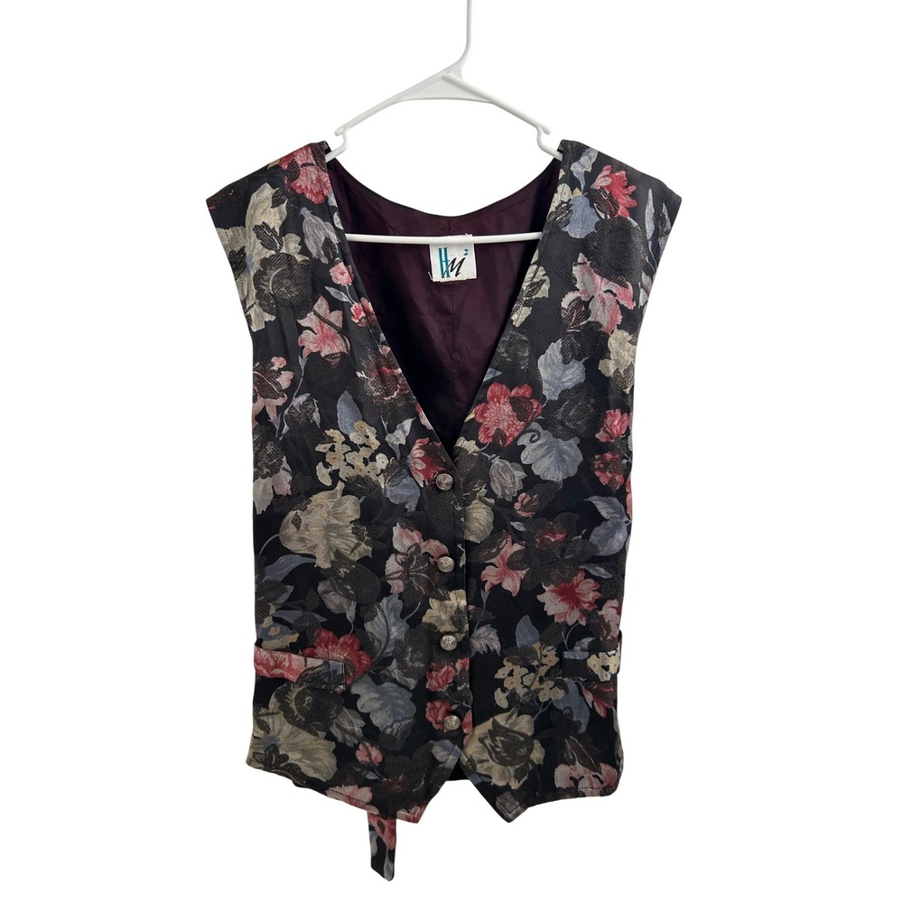 HM2 Floral Tapestry Vest M Black Red Brocade Open Back Tie Women